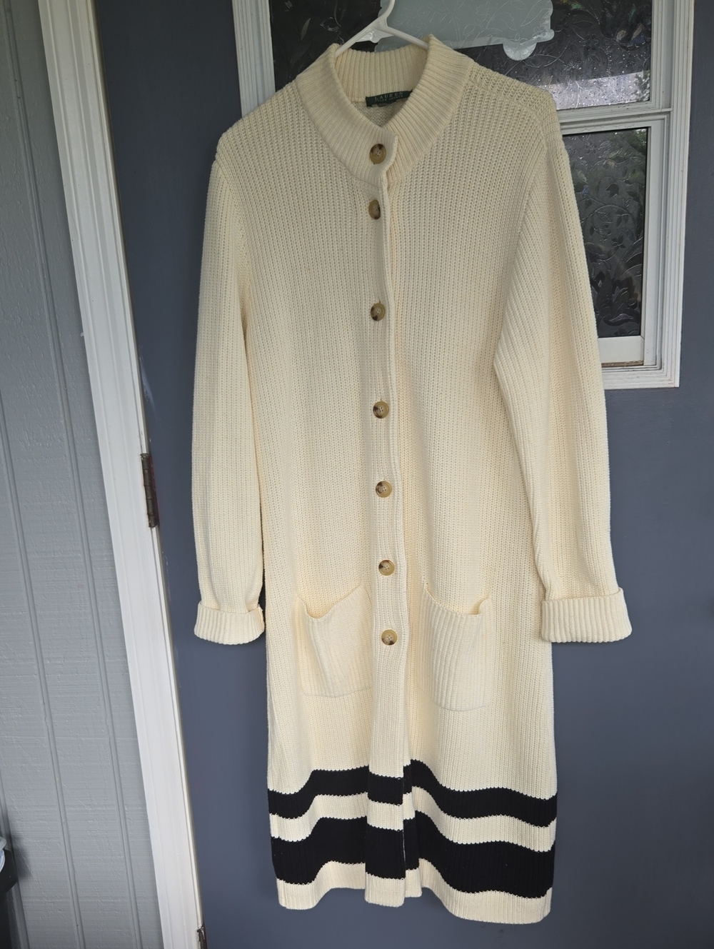Lauren Ralph Lauren Cream Button-Front Long Cardigan with Black Stripes